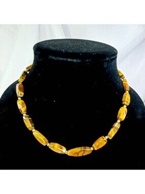 Vintage Tigers Eye Gemstone Beaded Necklace With Gold-Tone Spacers & Clasp